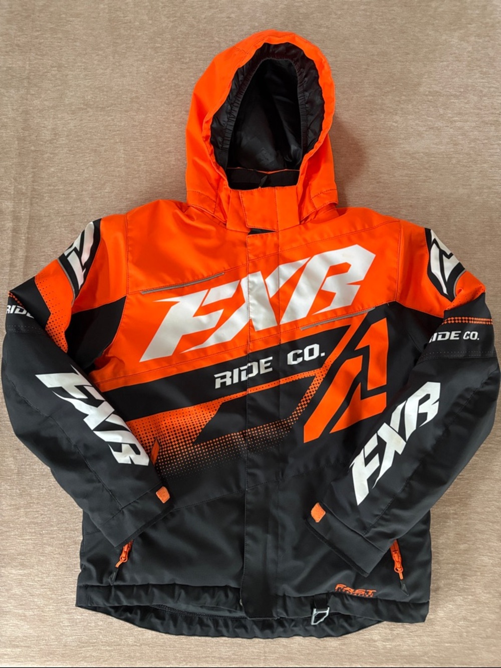 FXR Ride Co. Youth Boost Kids Orange/Black Insulated Snowmobile Jacket - Size 16